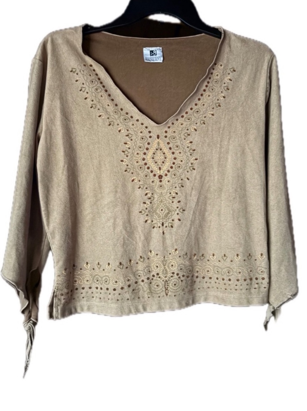 Vintage Y2K Cowgirl Tan Microsuede Embroidered V-Neck Top Boho Western